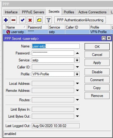 Настройка SSTP в MikroTik, добавление учетной записи для VPN клиента SSTP